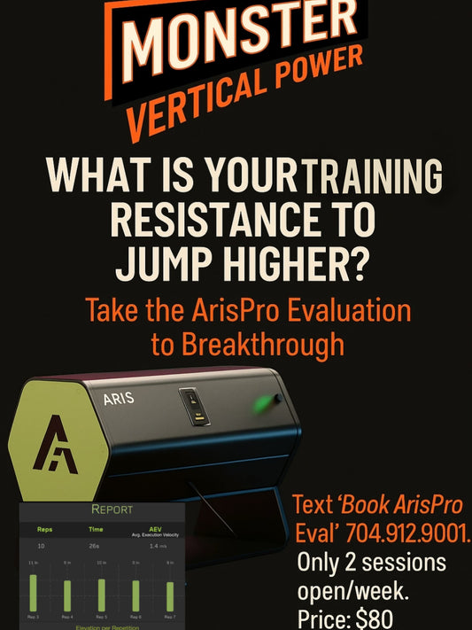 Advertisement for Monster Vertical Power and ArisPro evaluation with text and product image on a dark background.